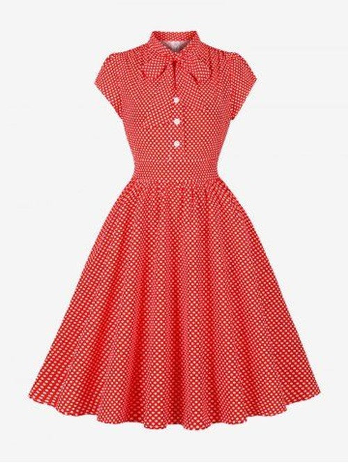 Rode vintage jurk met stippenprint en strikraag