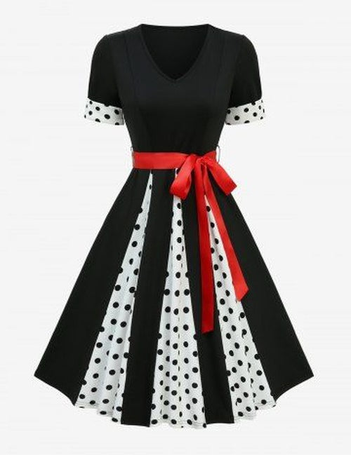 Polka Dot Print Buttons Tie Bowknot Flatter Sleeves Vintage Dress With Belt
