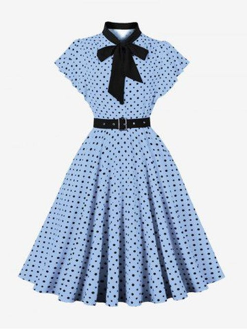Polka Dot Print Buttons Tie Bowknot Flatter Sleeves Vintage Dress With Belt