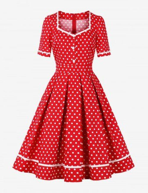 Polka Dot Print Buttons Zipper Back Pleated Vintage Dress