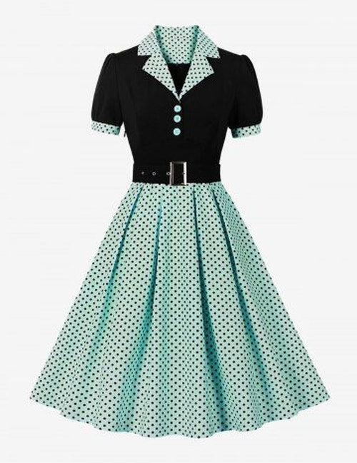 Polka Dot Print Turn-down Collar Buttons Buckle Belt Vintage Dress