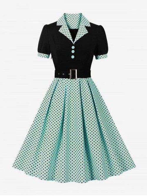 Vintage Polka Dot Jurk met Kraag en Ceintuur - Groen