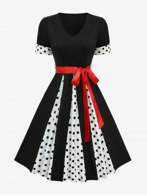 Vintage A-lijn jurk met polka dots en afneembare riem