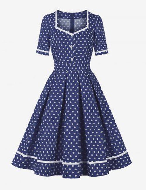 Polka Dot Vintage Jurk met Ritssluiting Blauw