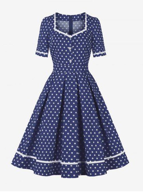 Polka Dot Vintage Jurk met Ritssluiting Blauw