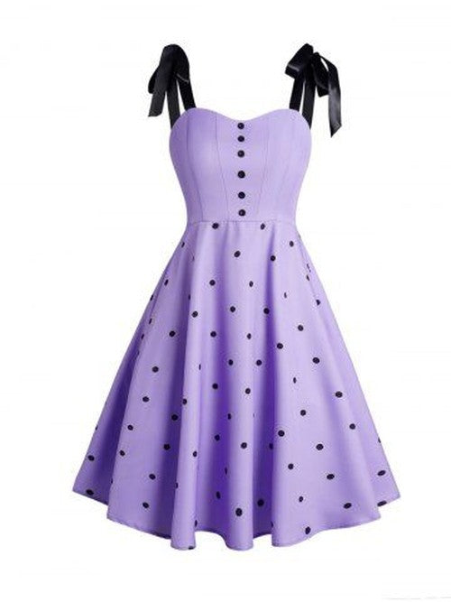 Paarse Polka Dots Vintage Jurk met Strikdetail