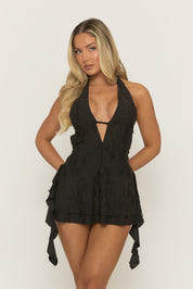 Zwarte Distressed Plunge Mini Jurk – Imelda