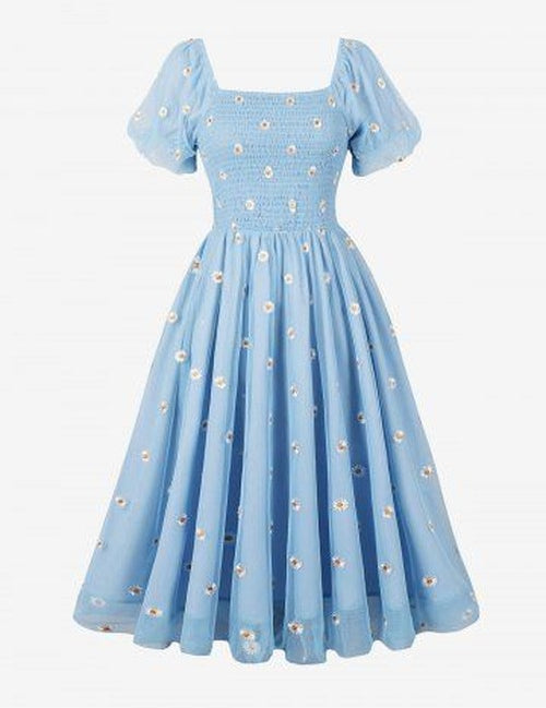 Ruched Daisy Mesh Jurk - Vintage Look Lichtblauw