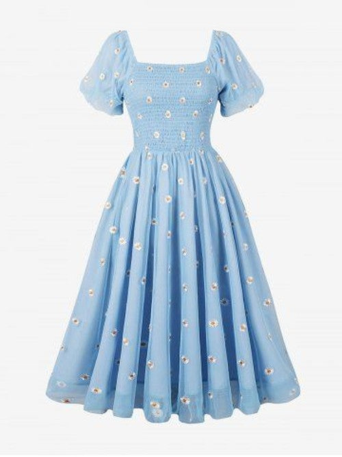 Ruched Daisy Mesh Jurk - Vintage Look Lichtblauw