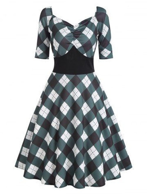 Ruched Plaid Empire Waist Dress