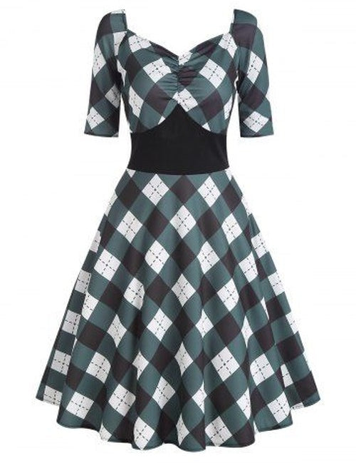 Gerimpelde Ruitjesdress met Empire Taille Donkergroen