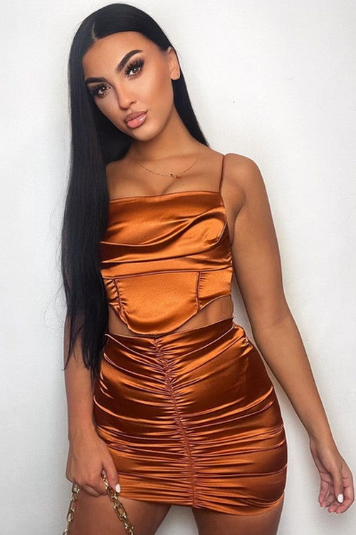 Rust Satin Mini Rok met Voorplooien - Cora