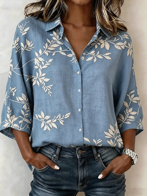 Shawl Collar Blouse Vintage Katoen Linnen Loose Fit
