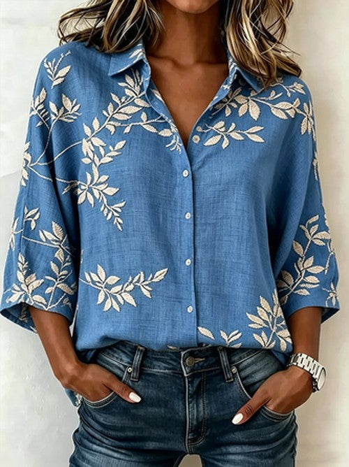 Shawl Collar Blouse Vintage Katoen Linnen Loose Fit