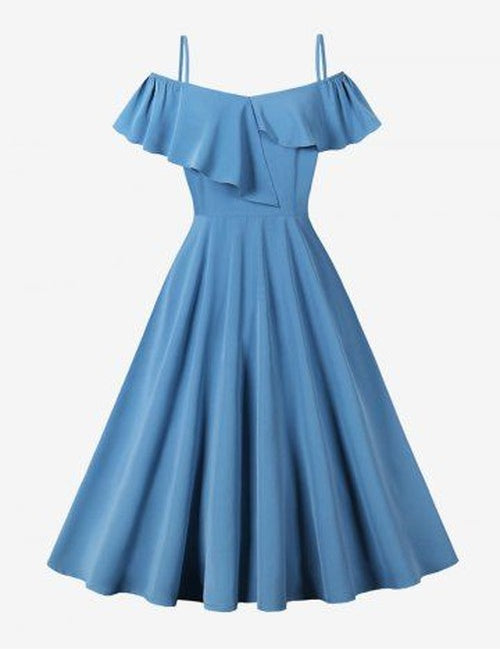 Solid Color Asymmetrical Turn Down Collar Zipper Cold Shoulder Vintage Dress - B