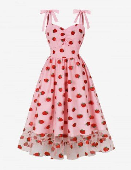 Strawberry Print Ruffles Trim Ruched Panel Tie Strap Vintage Dress