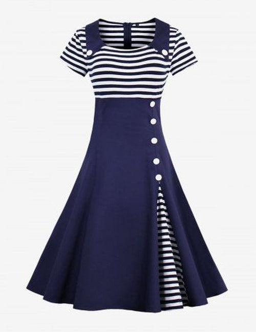 Stripe Print Patchwork Buttons Zipper Square Collar Vintage Dress