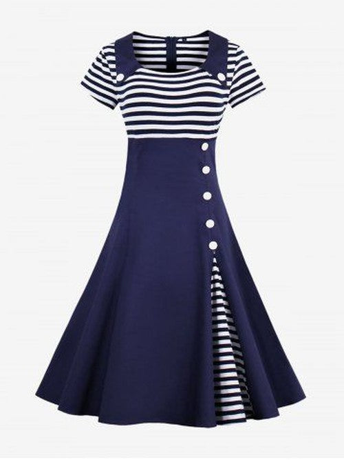 Stripe Print Patchwork Buttons Zipper Square Collar Vintage Dress