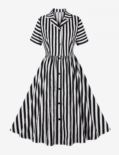 Stripes Print Button Down Shirt Collar Vintage Dress