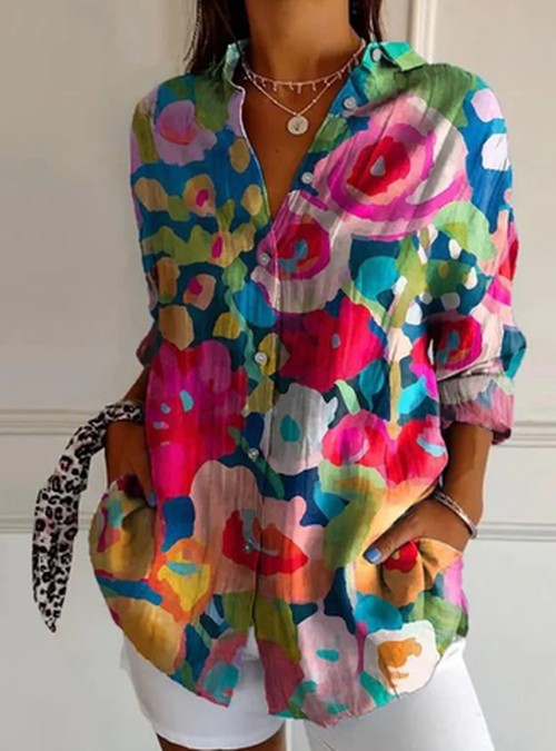 Vintage Bloemprint Blouse met Boordkraag