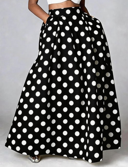 Vintage Maxi Rok met Polkadot Print - Hoge Taille