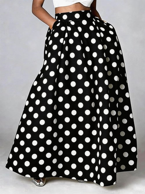 Vintage Maxi Rok met Polkadot Print - Hoge Taille
