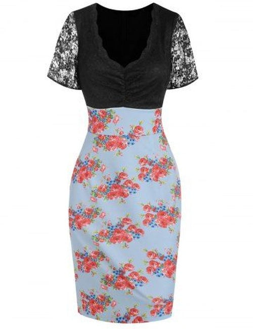 Vintage Straight Lace Insert Floral Print Midi Dress