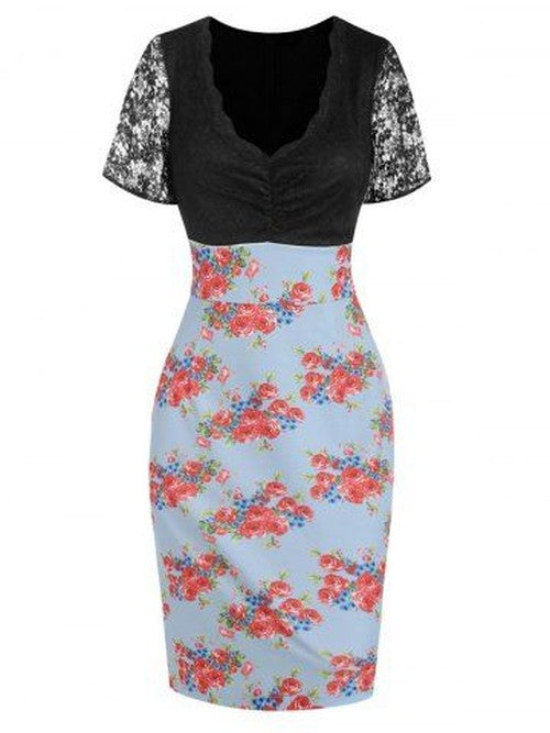 Lichtblauw bloemenprint midi-jurk met kant - elegante zomerk