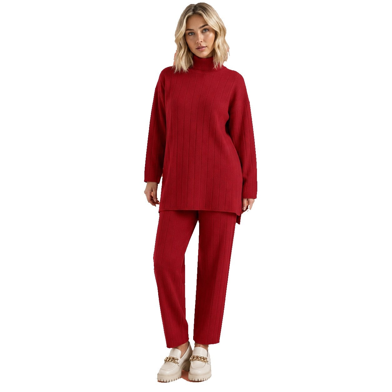 Dames set in rood met minimalistisch design, zacht en comfortabel voor casual en stijlvolle outfits.