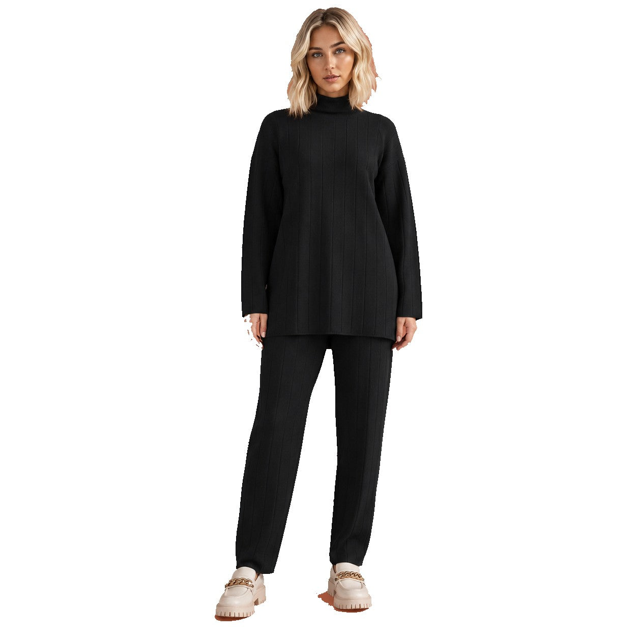 Dames set in zwart met minimalistisch design, zacht en comfortabel voor casual en stijlvolle outfits.