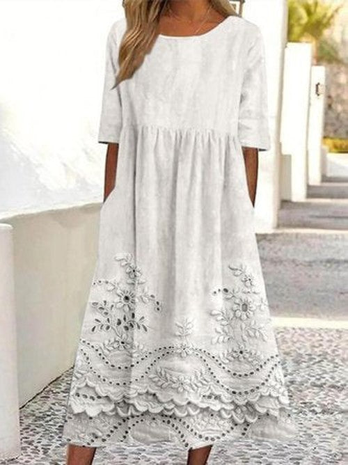 3D Print Maxi Jurk met Halflange Mouwen - Vintage Comfort