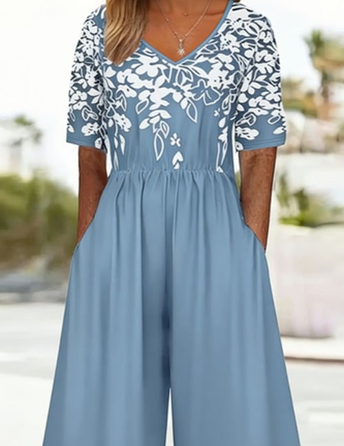 Floral V-hals jumpsuit met korte mouwen voor zomer