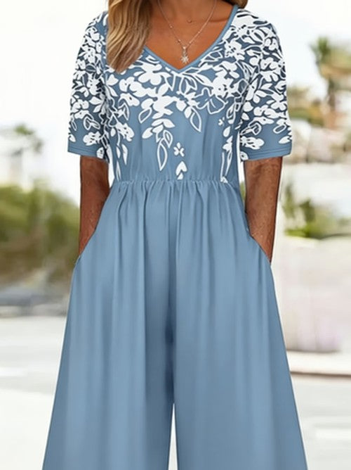 Floral V-hals jumpsuit met korte mouwen voor zomer