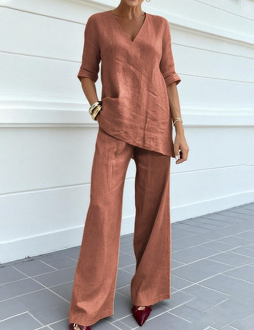 Casual Zomerset Korte Mouw Top met Broek – Effen Kleur