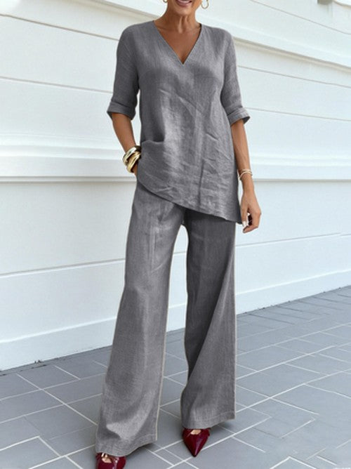 Casual Zomerset Korte Mouw Top met Broek – Effen Kleur