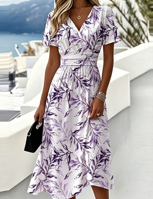 Blauwe Bladprint Wrap Midi Jurk V-Hals Boho Zomer