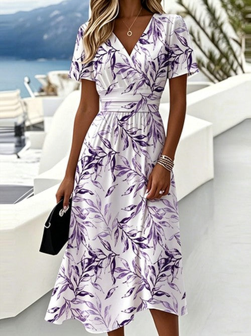 Blauwe Bladprint Wrap Midi Jurk V-Hals Boho Zomer