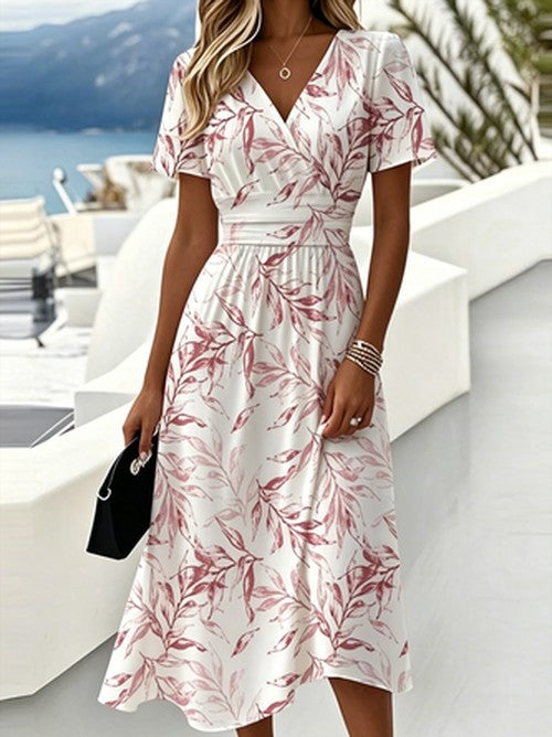 Blauwe Bladprint Wrap Midi Jurk V-Hals Boho Zomer