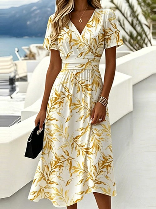 Blauwe Bladprint Wrap Midi Jurk V-Hals Boho Zomer