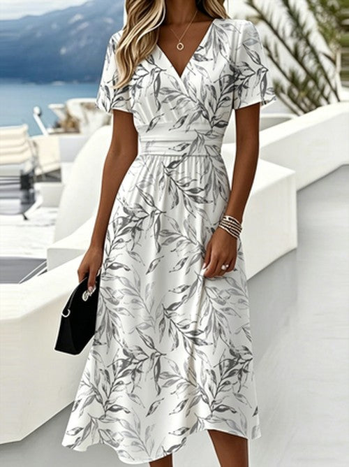 Blauwe Bladprint Wrap Midi Jurk V-Hals Boho Zomer