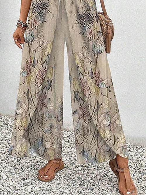 Boho Palazzo Broek Bloemenprint Smocking Hoge Taille