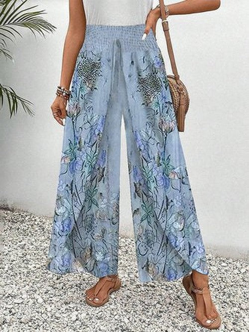 Boho Palazzo Broek Bloemenprint Smocking Hoge Taille
