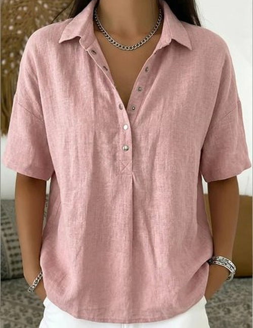 Lichtblauwe Linen Henley Blouse - Korte Mouw Casual Fit