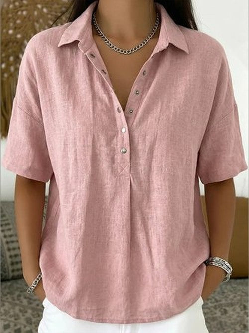 Lichtblauwe Linen Henley Blouse - Korte Mouw Casual Fit