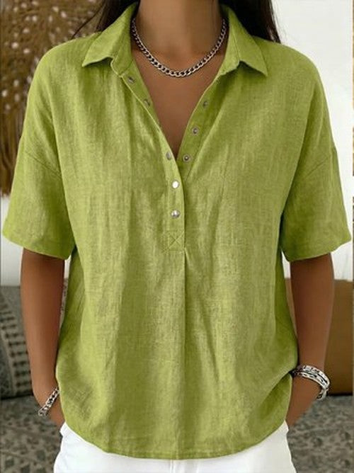 Lichtblauwe Linen Henley Blouse - Korte Mouw Casual Fit