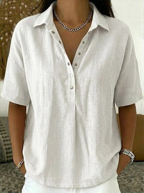 Lichtblauwe Linen Henley Blouse - Korte Mouw Casual Fit