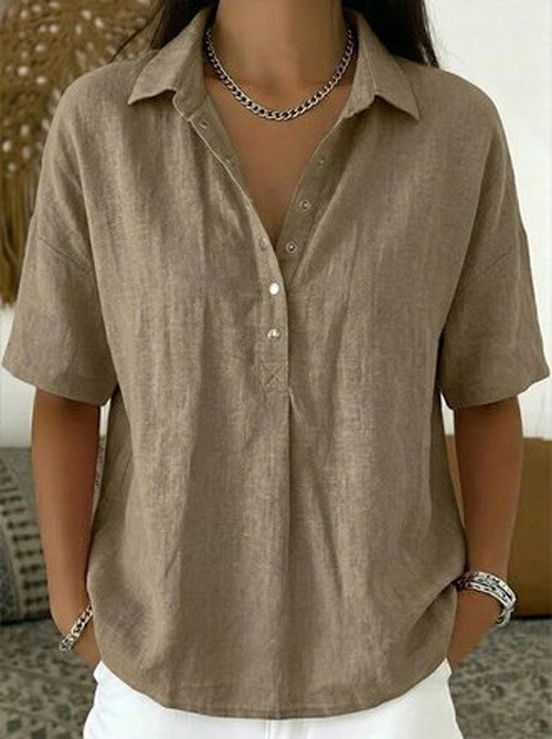 Lichtblauwe Linen Henley Blouse - Korte Mouw Casual Fit