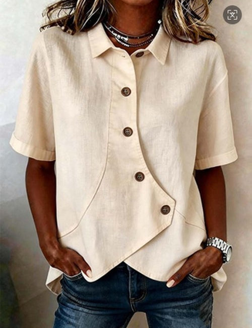 Witte Linnen Blouse met Asymmetrisch Knoopsluiting