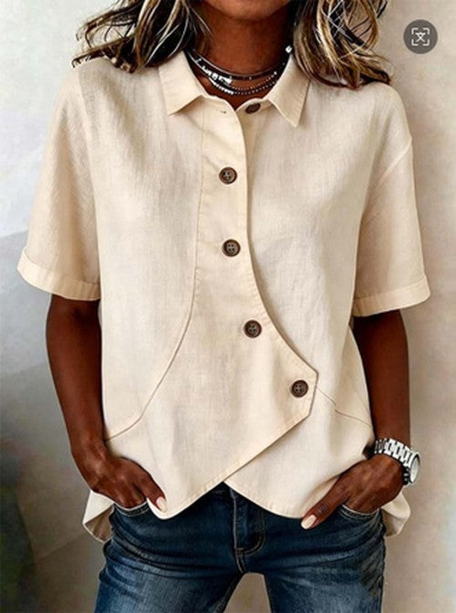 Witte Linnen Blouse met Asymmetrisch Knoopsluiting