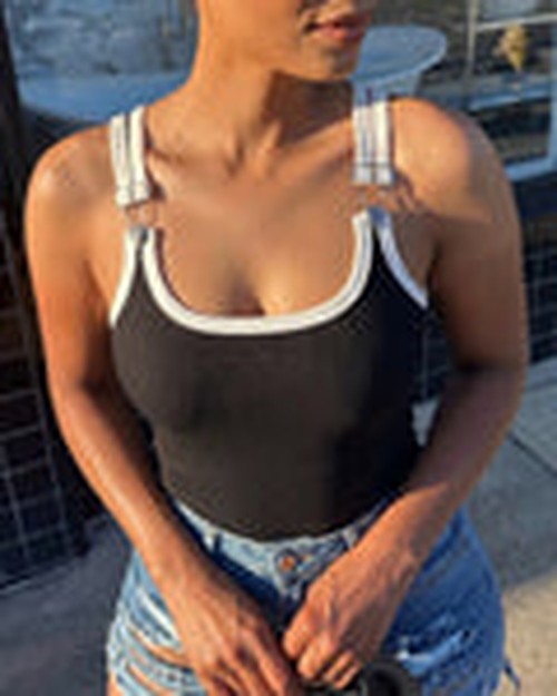 Women's Contrast Binding Camisole Rib-Knit Slim Fit Tank Top Sexy Cami with Meta